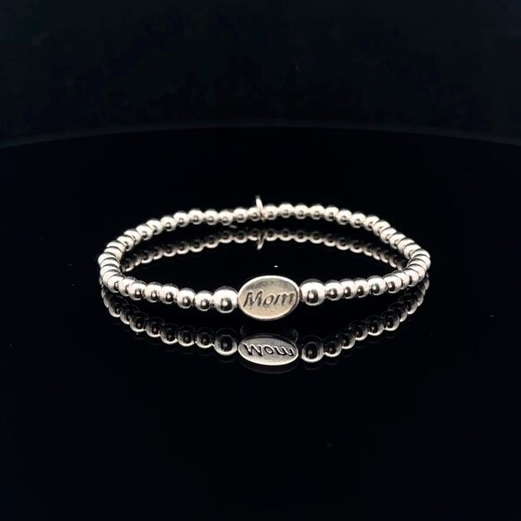 925 Sterling Silver Beaded Stretch Stacking Bracelet Minimalist Mom Charm - Picture 1 of 6